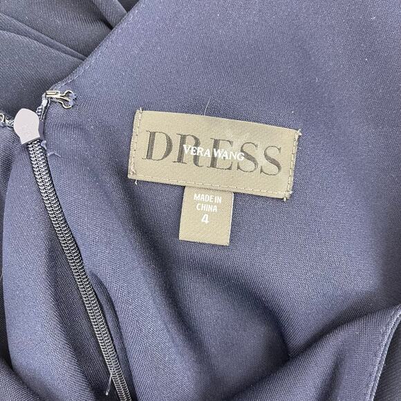 Vera Wang Navy Blue Long Sleeve V Neck Ruched Evening Gown Long Dress (4) - Picture 10 of 13